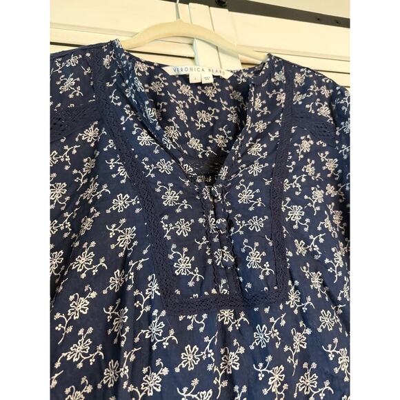 Veronica Beard Navy Floral Kent Long Sleeved Marine Blue Top Sz 2 - Picture 5 of 8